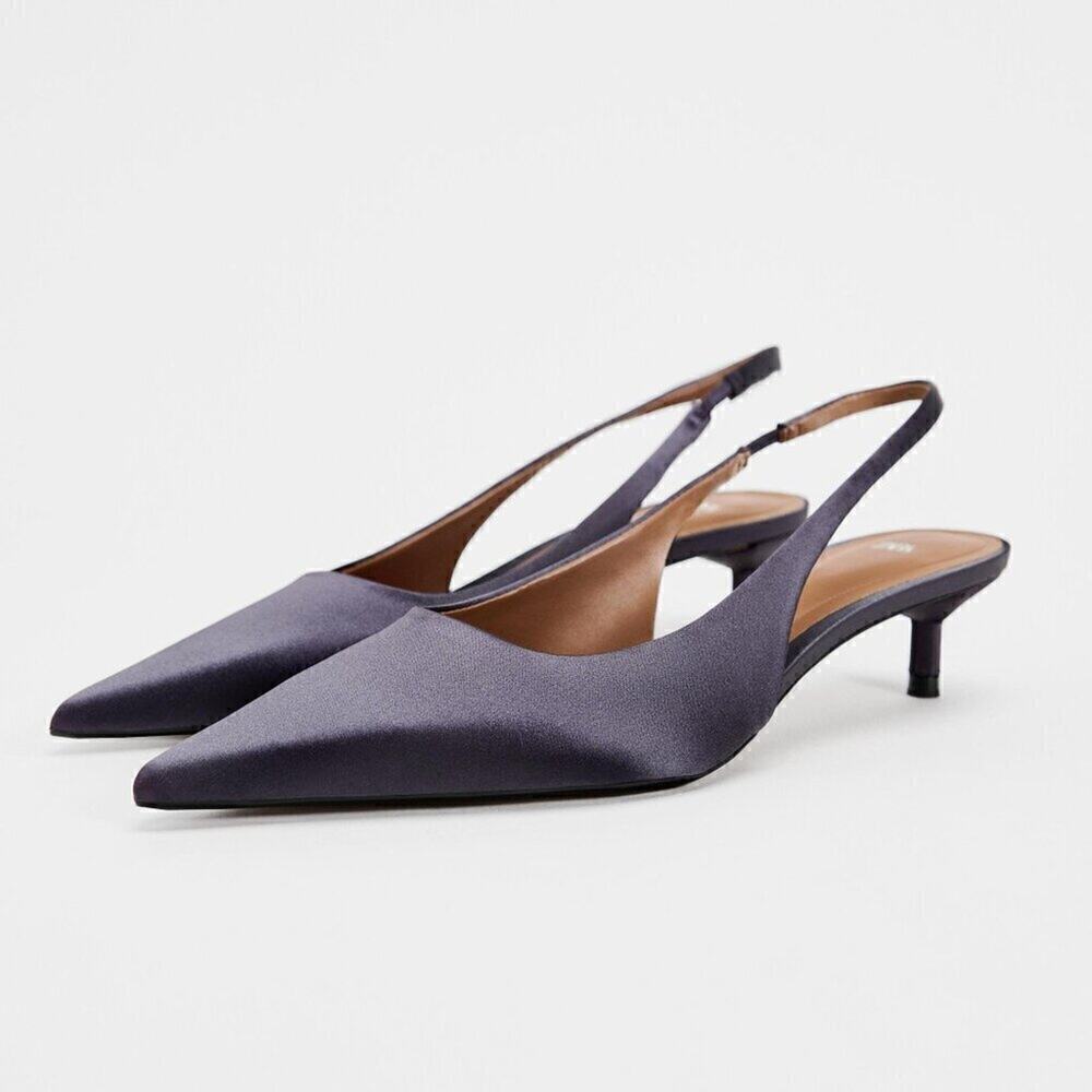 Zara Anthracite Grey Kitten Heel Slingback Pumps Pointed Toe Chic Size 7.5 NWT - Picture 15 of 16
